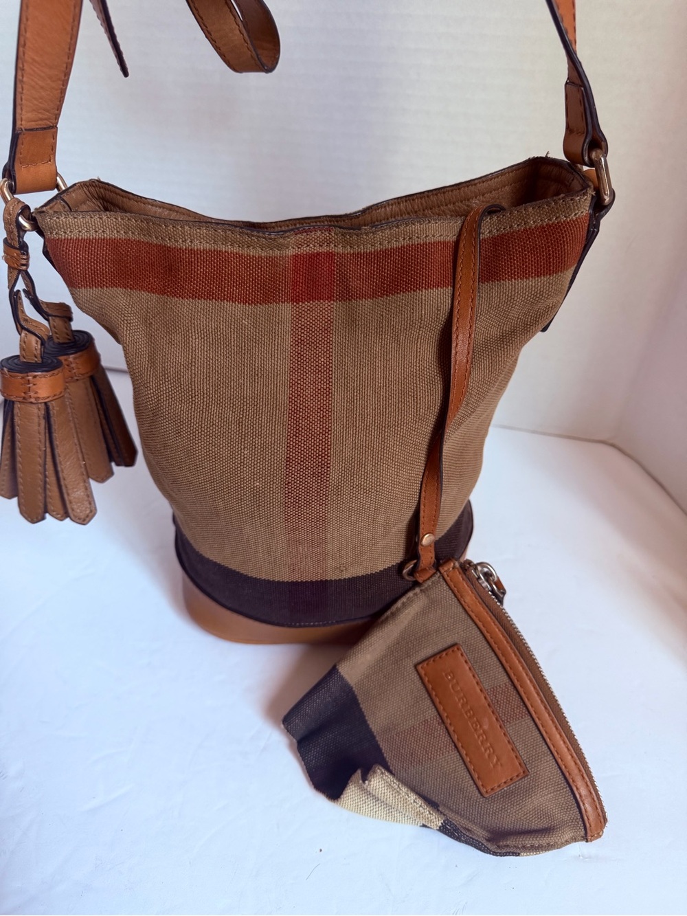 Burberry Brown Canvas Bucket Bag with Tassel and Coin Pouch